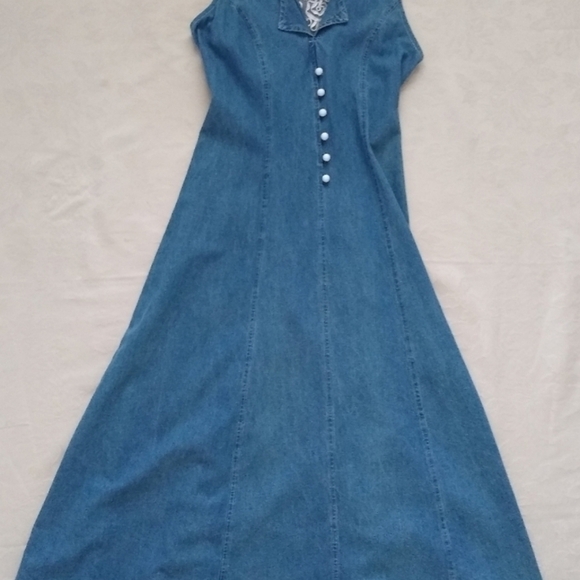 Vintage Denim Bell Maxi dress size 9 EUC Lace Up Back Pearl Buttons - Picture 5 of 11